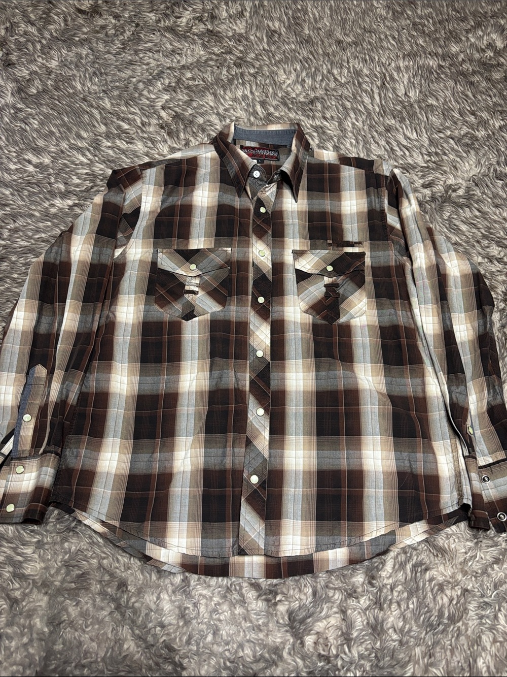 Rock & Roll Cowboy Brown & Cream Plaid Button-Down Shirt